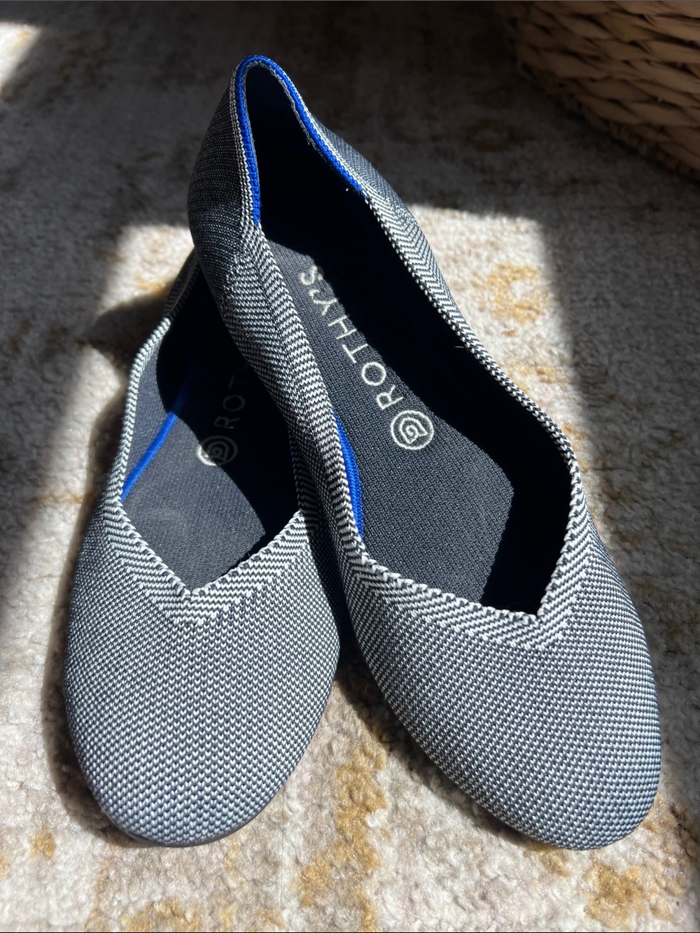 Rothy's Gray Knit Ballet Flats with Blue Trim
